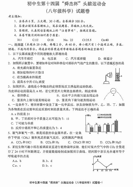 浙江省初中生第十四届“舜杰杯”八年级科学试题卷（含答案）-艾瑞克网